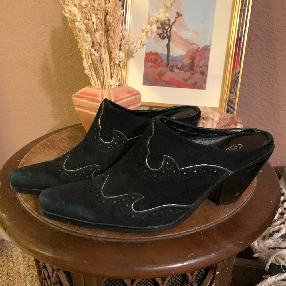 Black suede western mules w/ gold trim